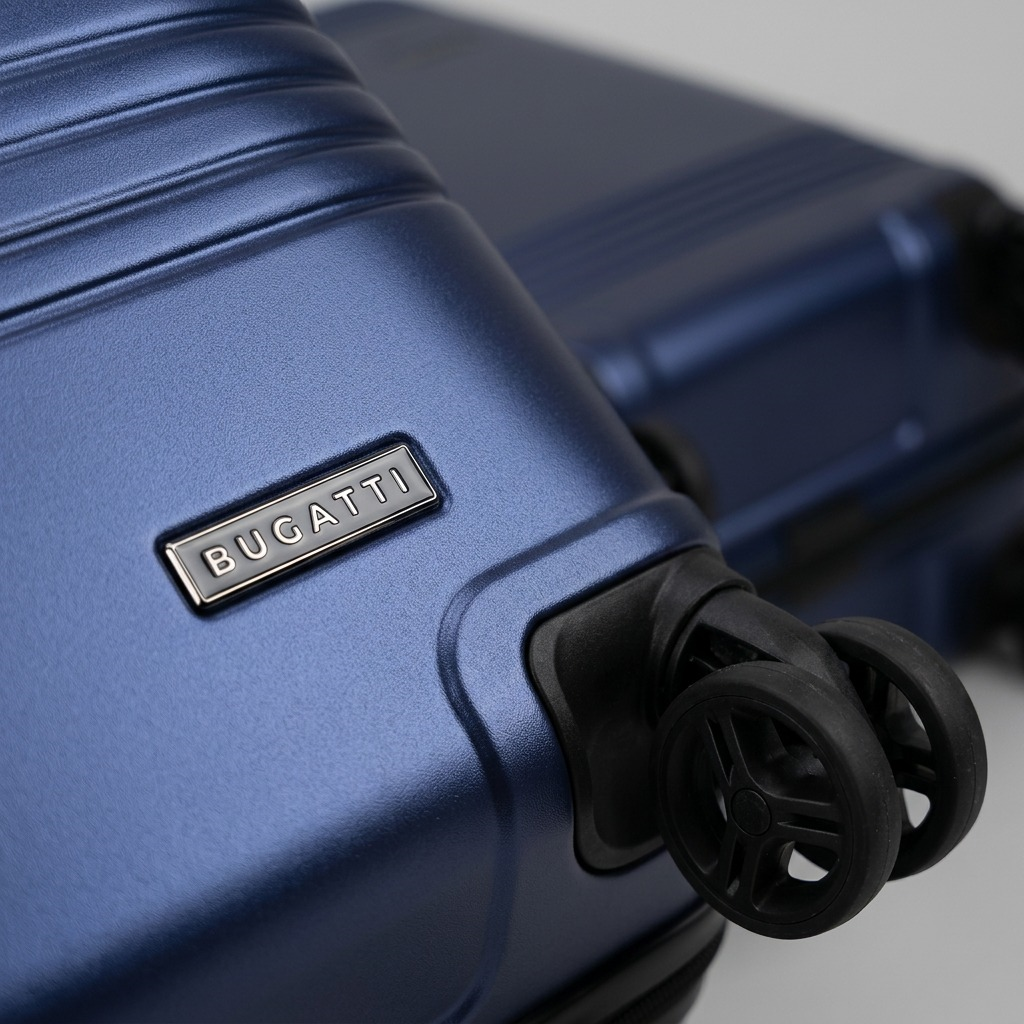 A macro photo captures the detailed texture, prominent 'bugatti' logo, and a corner of a raised shell on the blue suitcase.