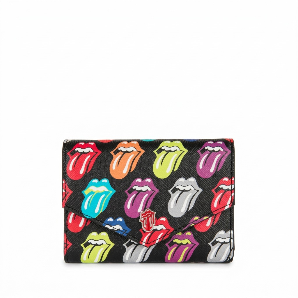 Pure high-resolution hero shot: The Rolling Stones The Cult Trifold Wallet, featuring multi-colored tongue logos on a black background.