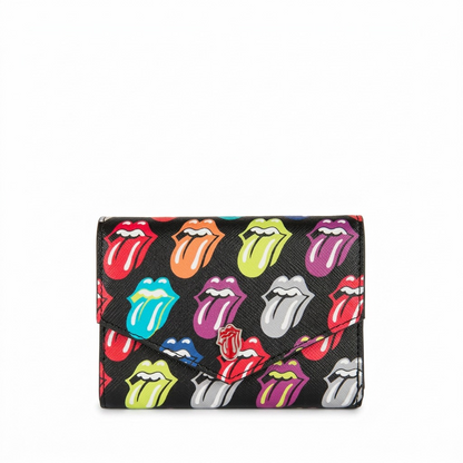 Pure high-resolution hero shot: The Rolling Stones The Cult Trifold Wallet, featuring multi-colored tongue logos on a black background.