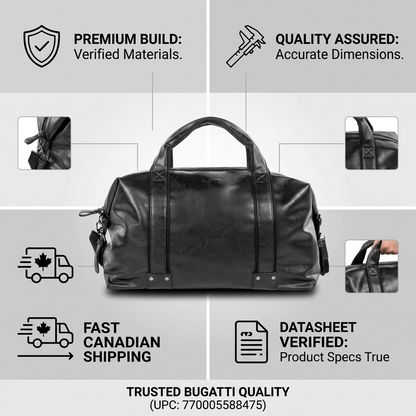A trust infographic matrix for the Bugatti Valentino Weekender Bag, with product details.