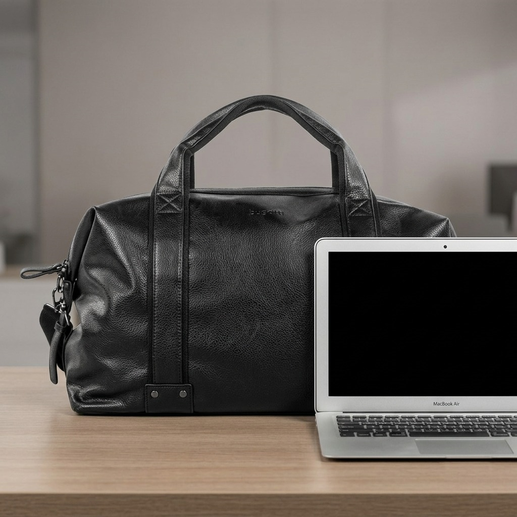 Bugatti Valentino black leather weekender bag next to a 13-inch laptop for size reference on a wooden desk.