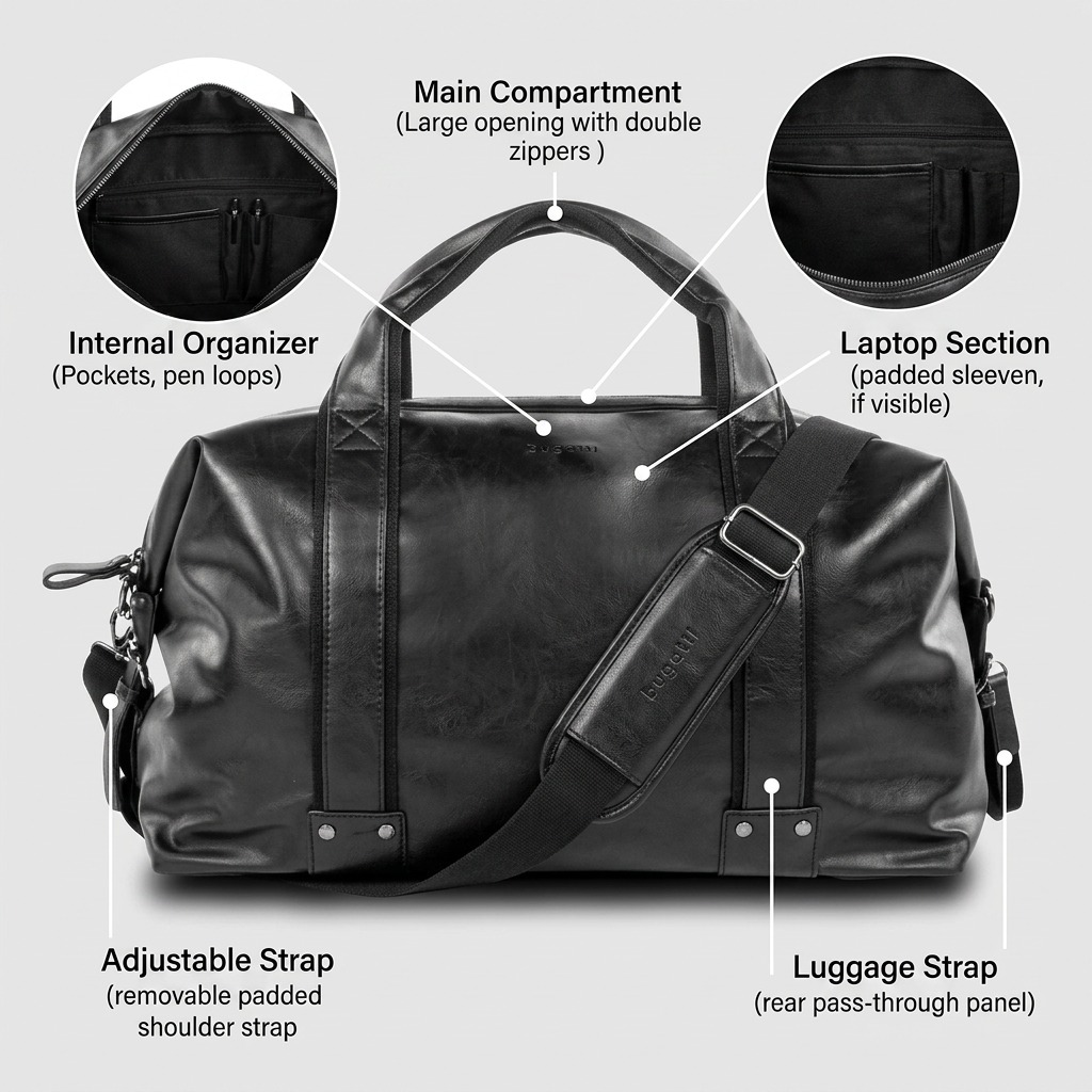 PDP visual matrix image highlighting fictional operational features of the Bugatti Valentino weekender bag.