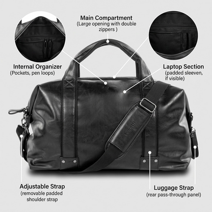 PDP visual matrix image highlighting fictional operational features of the Bugatti Valentino weekender bag.