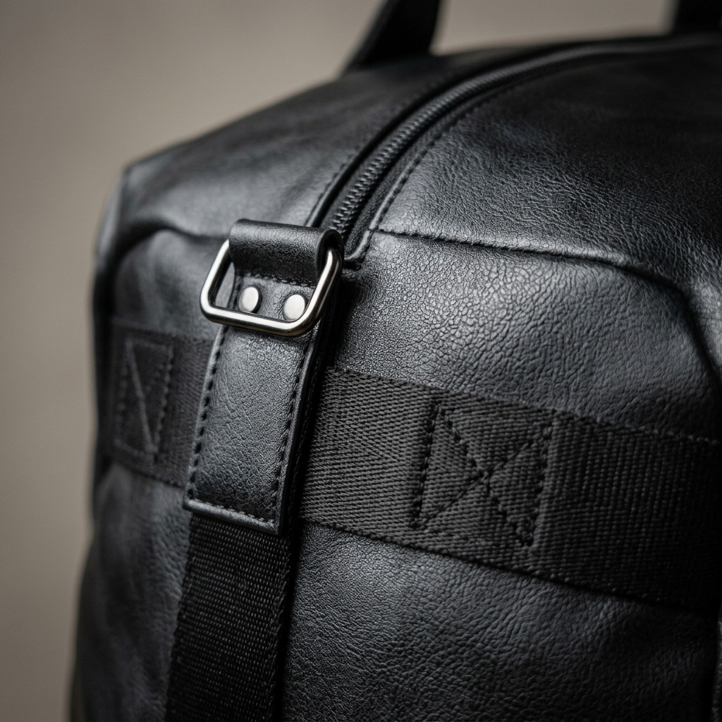 A detailed macro shot showcasing black textured PU leather and silver hardware on a weekender bag.
