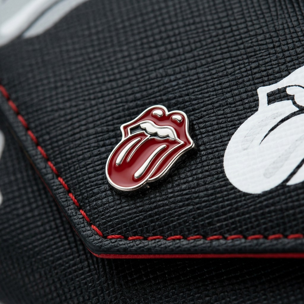 Macro detail of The Rolling Stones Cult wallet's metal tongue logo, red stitching, and textured black leather.