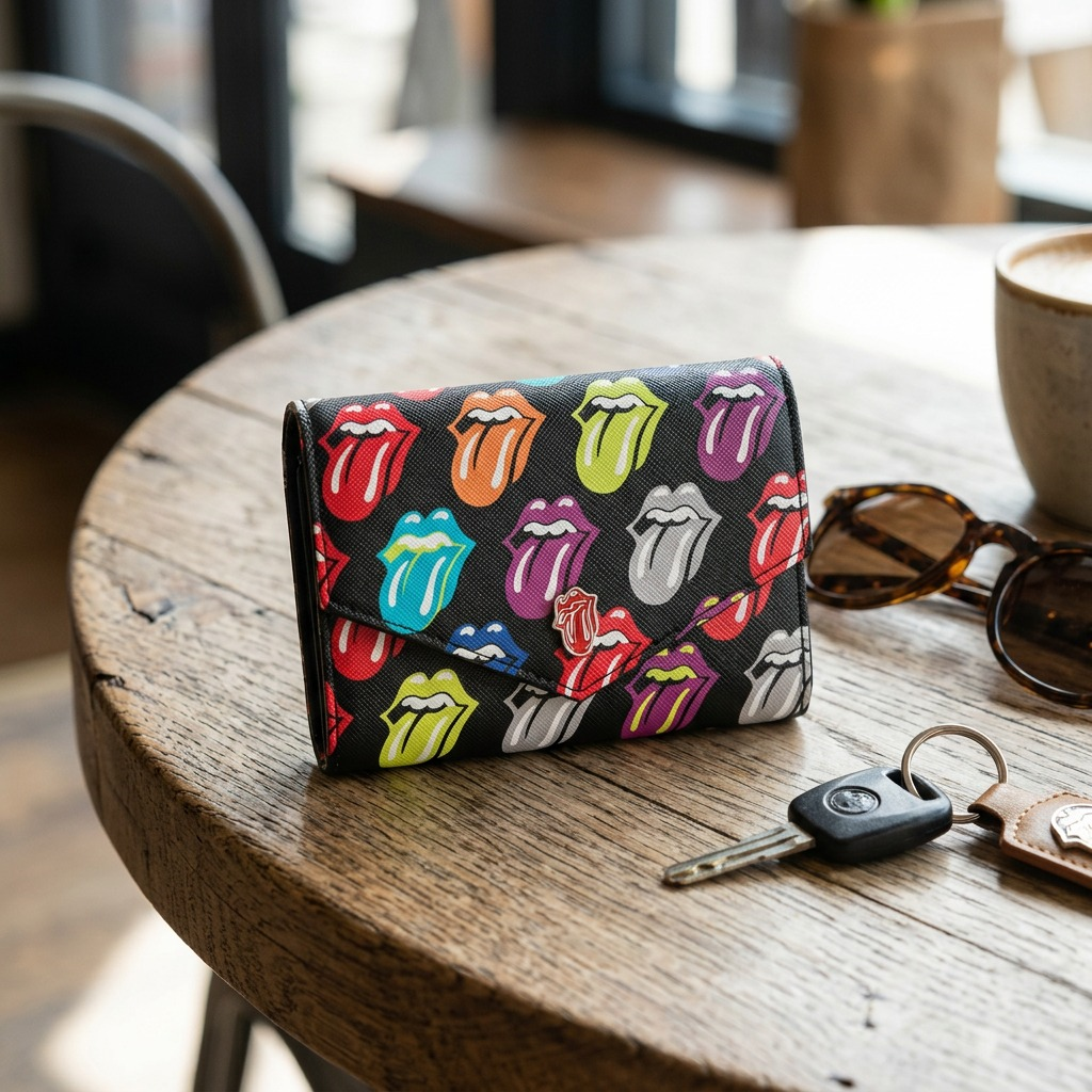 The specific multi-colored lip print trifold wallet is resting on a textured wooden surface next to sunglasses and keys in natural lighting.