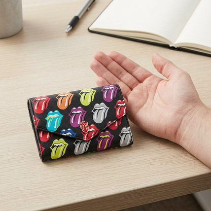 Scale reference of the Rolling Stones multi-color tongue wallet next to an adult's hand on a desk.
