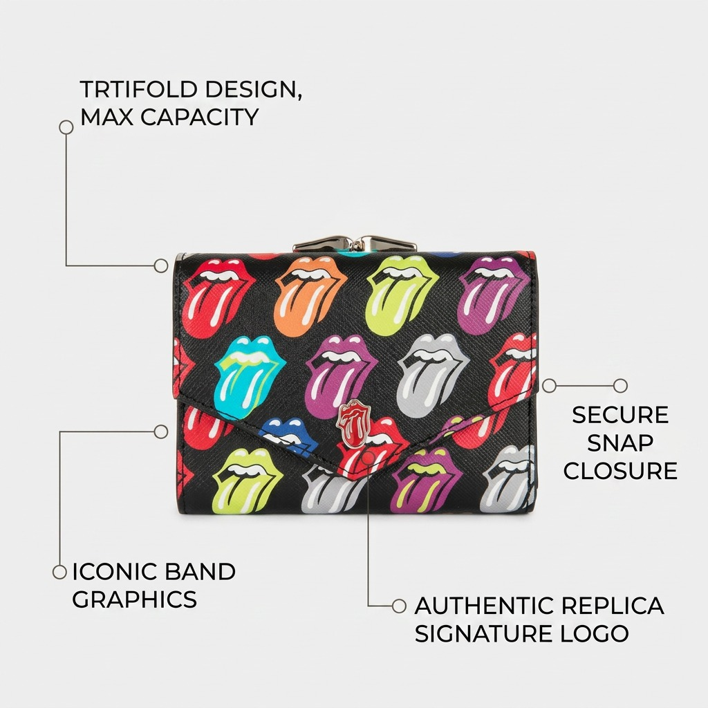 Operational feature callouts for the Bugatti Rolling Stones Trifold Wallet, highlighting capacity and design.