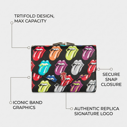 Operational feature callouts for the Bugatti Rolling Stones Trifold Wallet, highlighting capacity and design.