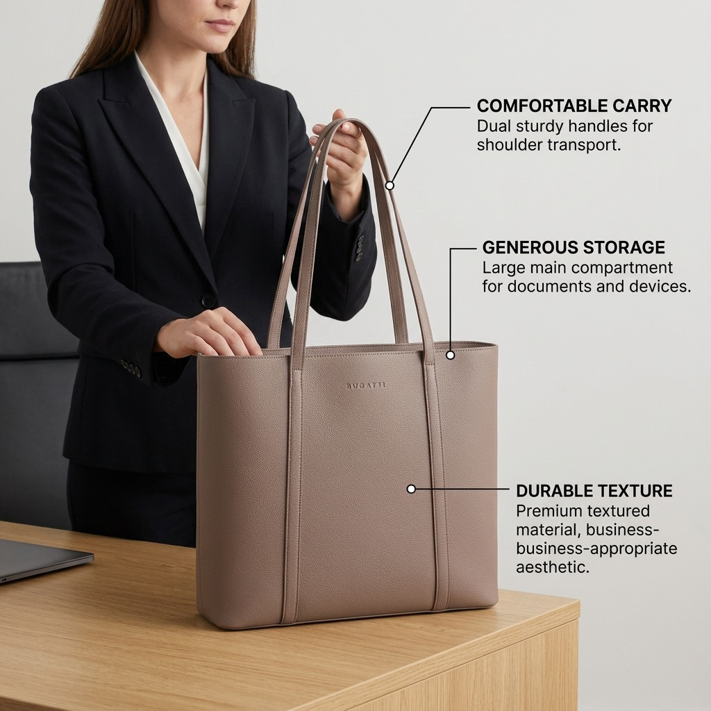 A professional ecommerce graphic featuring a woman interacting with the Bugatti Pure Business Tote Bag, with callouts for dual sturdy handles, large main compartment storage, and durable textured material.