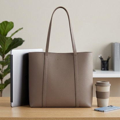 Scale reference image featuring the Bugatti Pure Business Tote next to a 13" laptop, coffee cup, and phone.