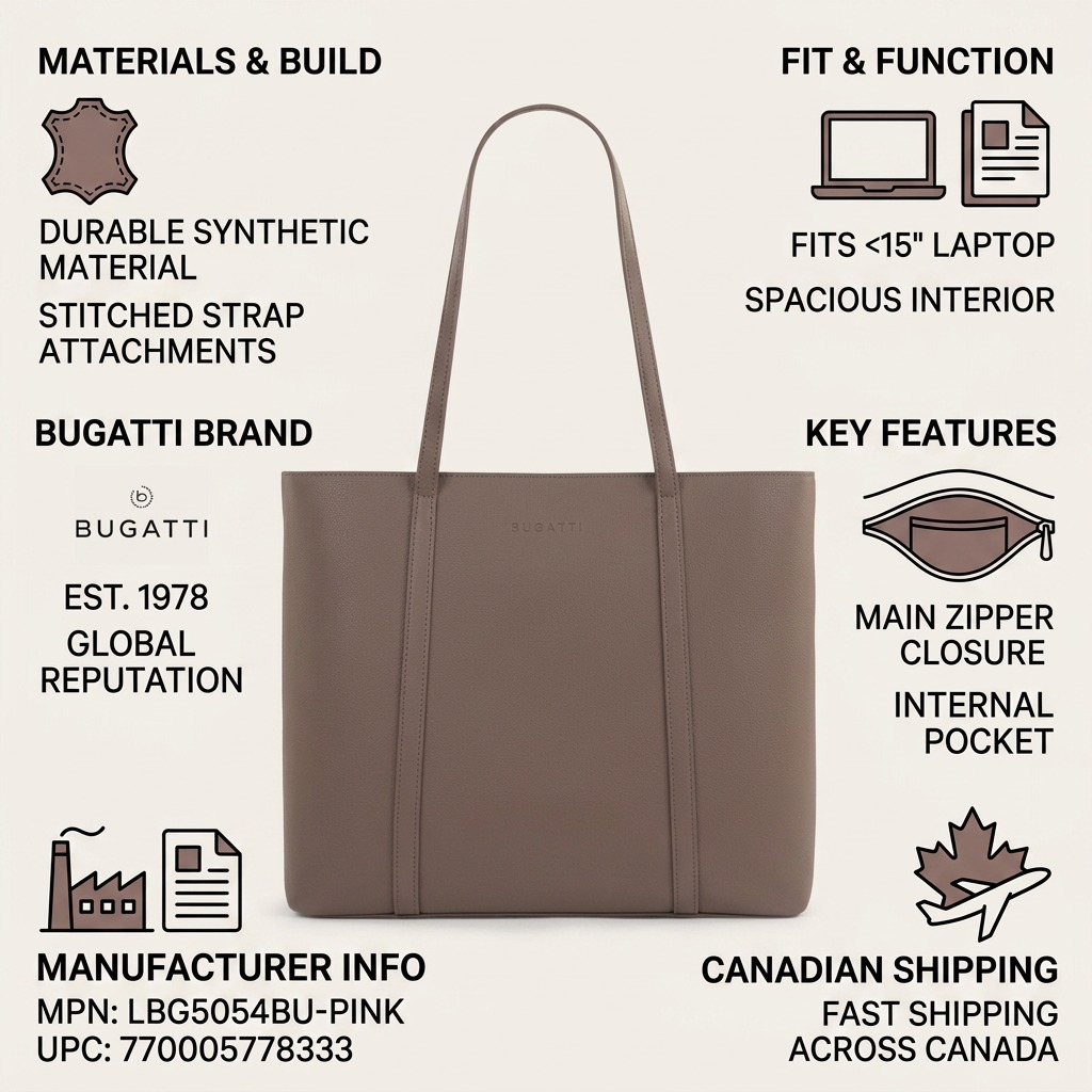 Bugatti LBG5054BU tote bag infographic with features: fits <15" laptop, durable synthetic material, internal pocket, Canadian shipping.