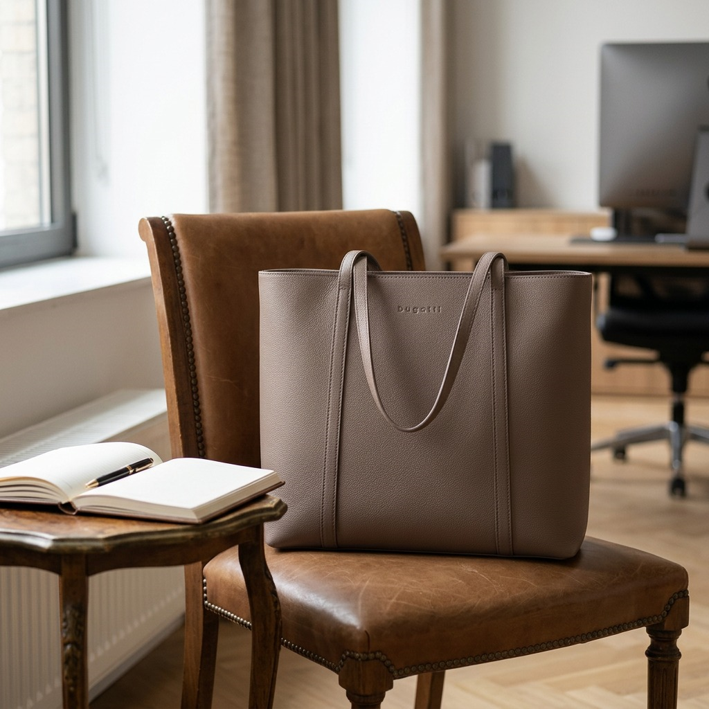 Bugatti Pure Business taupe leather tote bag resting on a leather armchair in a contemporary office context.