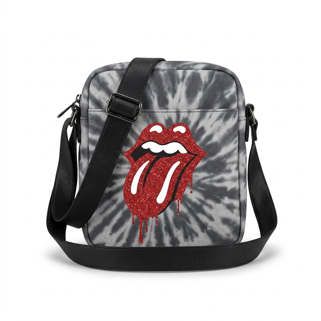 Bugatti Rolling Stones tie-dye crossbody bag with red splatter logo on a white background.