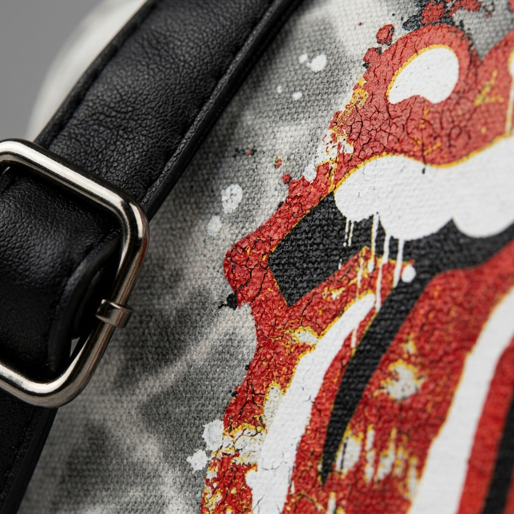 Extreme macro view of the Rolling Stones tongue logo's distressed print texture on tiedye fabric.