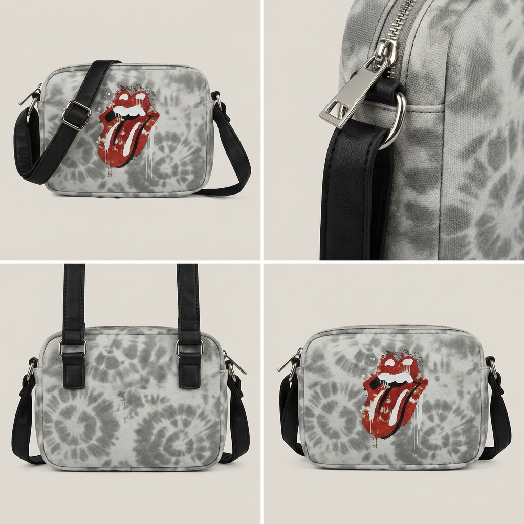 Matrix image displaying three identical light-grey tie-dye Rolling Stones crossbody bags from three different angles.