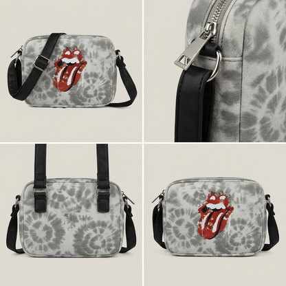 Matrix image displaying three identical light-grey tie-dye Rolling Stones crossbody bags from three different angles.