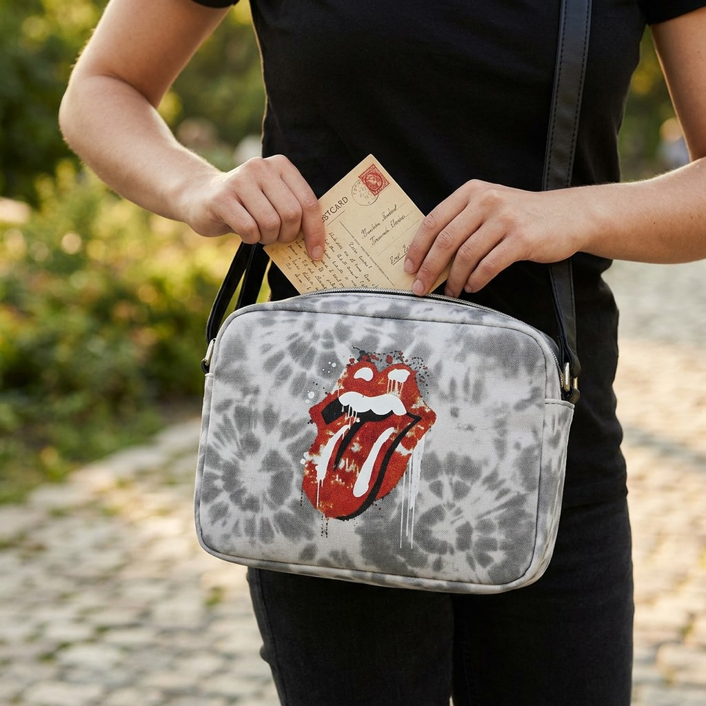The Bugatti Rolling Stones crossbody bag worn by a person in a casual city setting.