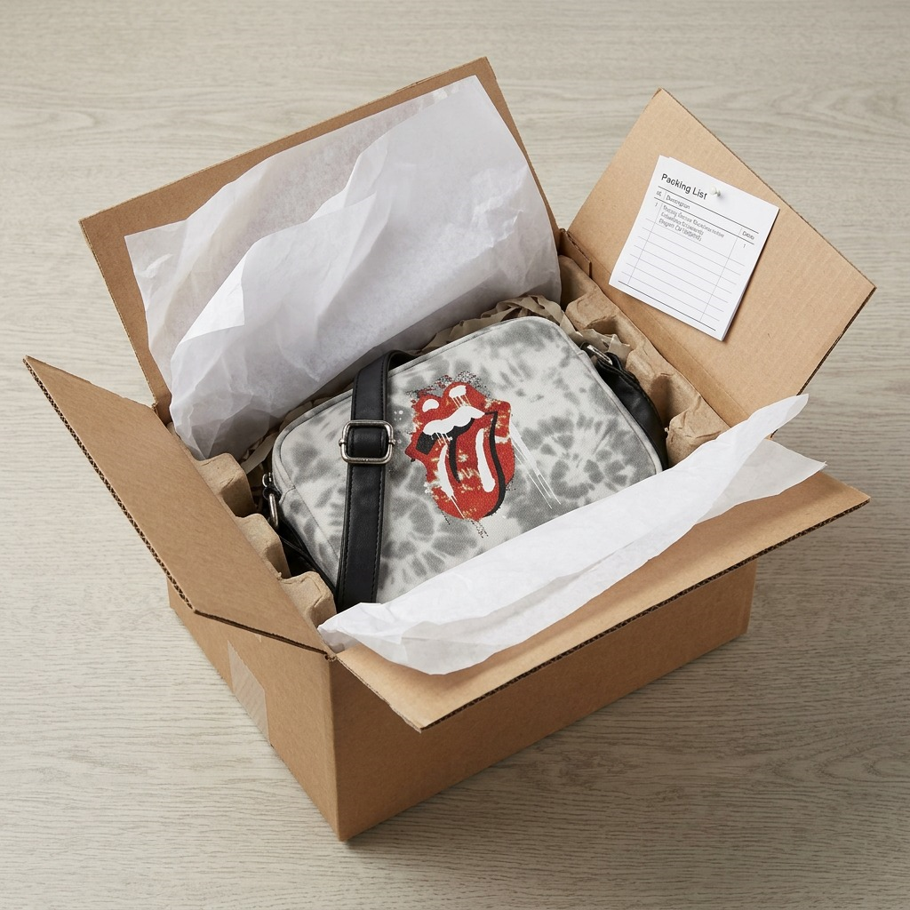 Premium unboxing scene showing the Rolling Stones crossbody bag safely cushioned within shipping filler in an opened box.