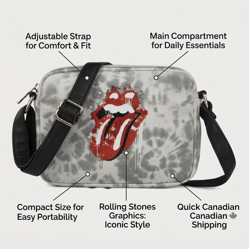 Product callout graphic highlighting key features of the Bugatti Rolling Stones crossbody bag.