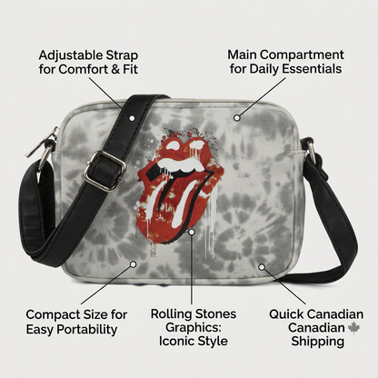 Product callout graphic highlighting key features of the Bugatti Rolling Stones crossbody bag.