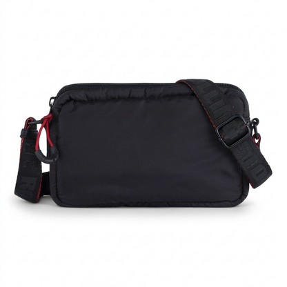 A high-resolution, centered view of the black Bugatti CBY6033RS crossbody bag, featuring a black branded strap with red details, on a pure white background.