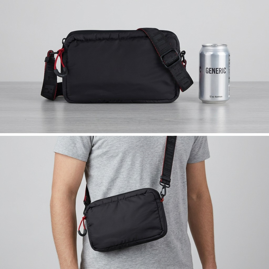 Split view matrix showing a black crossbody bag on a desk and being worn, illustrating scale.