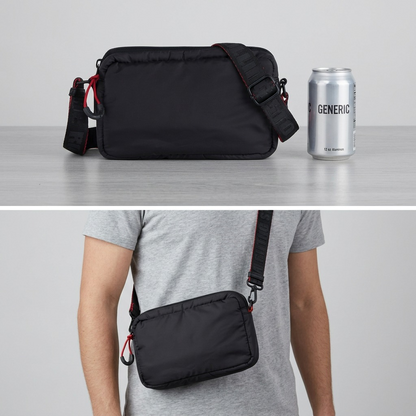 Split view matrix showing a black crossbody bag on a desk and being worn, illustrating scale.