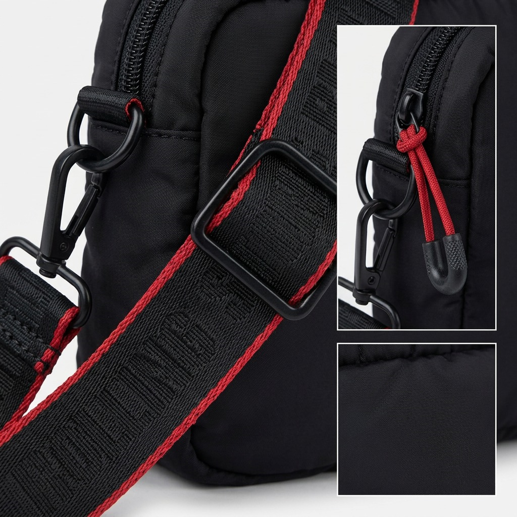 Macro photo detailing the Bugatti Rolling Stones bag's nylon weave, red trim, and hardware.