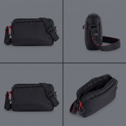 A multi-angle display of the black and red Bugatti crossbody bag, presenting frontal, angled, side, and rear views.