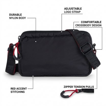 Feature callout graphic of the Bugatti Rolling Stones black crossbody bag highlighting nylon and adjustability.