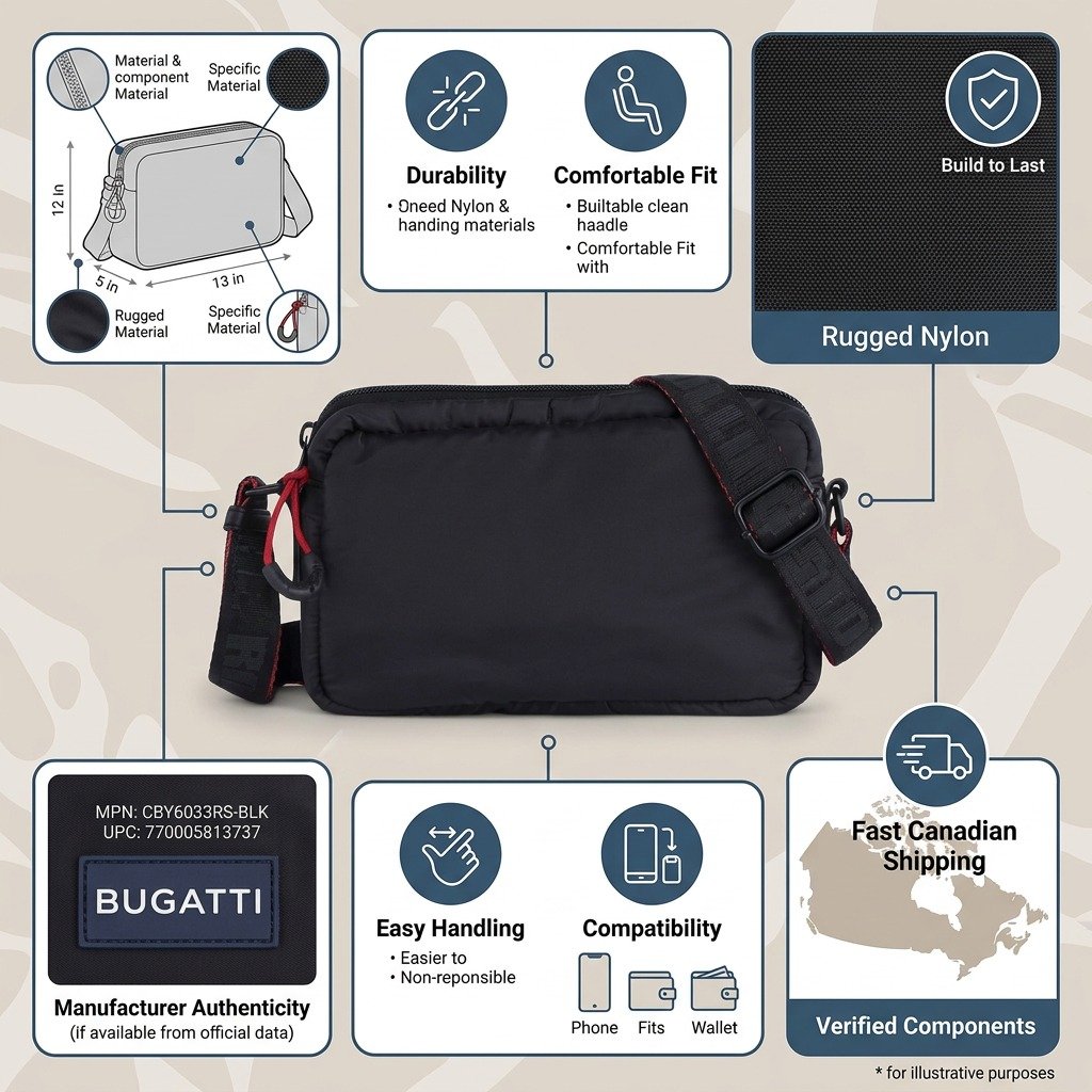 An infographic for the Bugatti crossbody bag building trust with details on durable nylon, genuine quality, and fast delivery in Canada.
