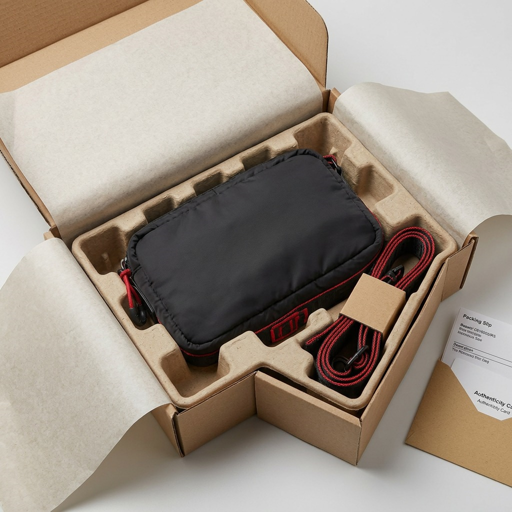 Unboxing view of Bugatti cross-body bag protected by custom-molded cardboard inserts.