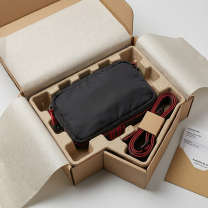 Unboxing view of Bugatti cross-body bag protected by custom-molded cardboard inserts.