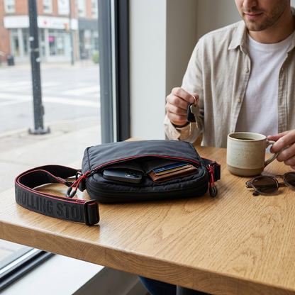 A black Bugatti-Rolling Stones crossbody bag with red logo text, open with a phone and cards, in a casual setting.
