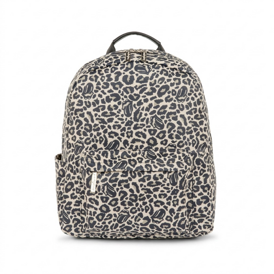 High-resolution hero shot of the Bugatti BKP6003RS-ANM Rolling Stones-branded leopard print backpack.