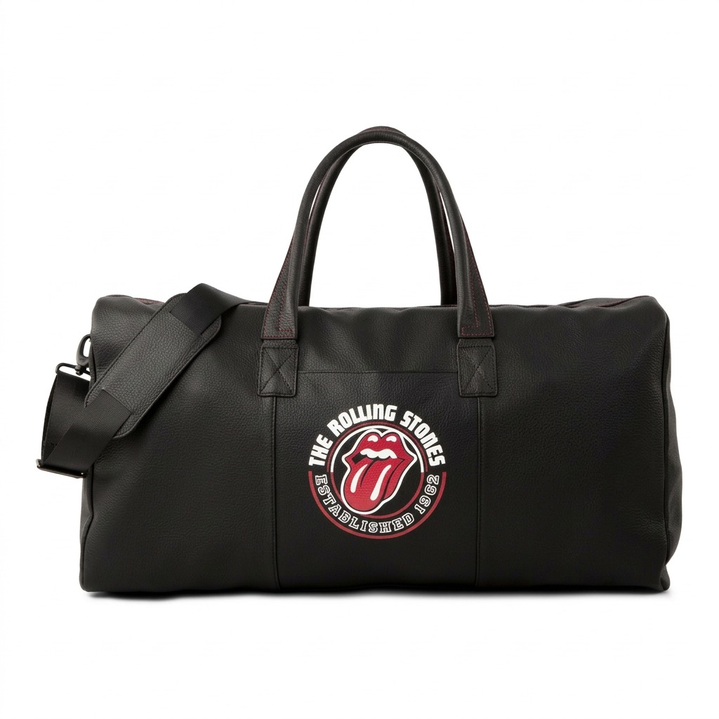 Pure high-resolution hero shot of The Rolling Stones Watts Leather Duffle Bag from image_0.png, centrally positioned on a pure white background with a clean shadow, featuring precise rendering of the black pebbled leather, handle stitching, hardware, and the canonical central logo from image_0.png.