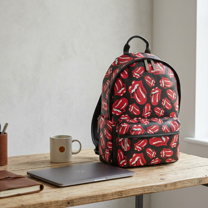 A Rolling Stones backpack beside a laptop and mug on a wooden desk for size reference.