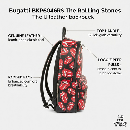 Feature matrix graphic showcasing operational highlights like padded back and branded zippers on the Bugatti Rolling Stones backpack.