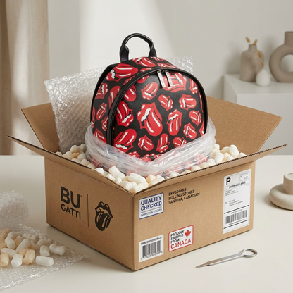 A premium, close-up photograph of a safe unboxing scene, showcasing a Rolling Stones Watts Backpack resting inside a sturdy shipping box, protected by bubble wrap and foam inserts.