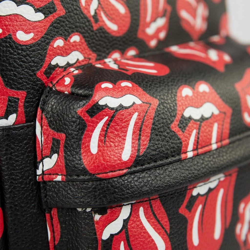 Macro detail of the Bugatti Rolling Stones leather backpack, showcasing the textured grain and classic tongue logo print.