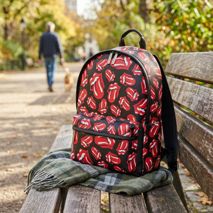A lifelike photo of the Bugatti Rolling Stones leather backpack resting on a park bench.