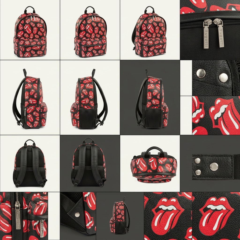 An 18-cell grid matrix showing the black leather Rolling Stones backpack from various orientations: front, side, back, top-down, and strap details.
