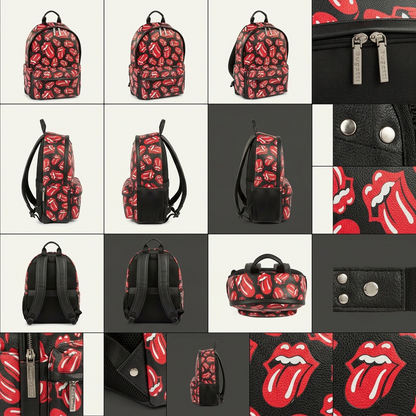 An 18-cell grid matrix showing the black leather Rolling Stones backpack from various orientations: front, side, back, top-down, and strap details.
