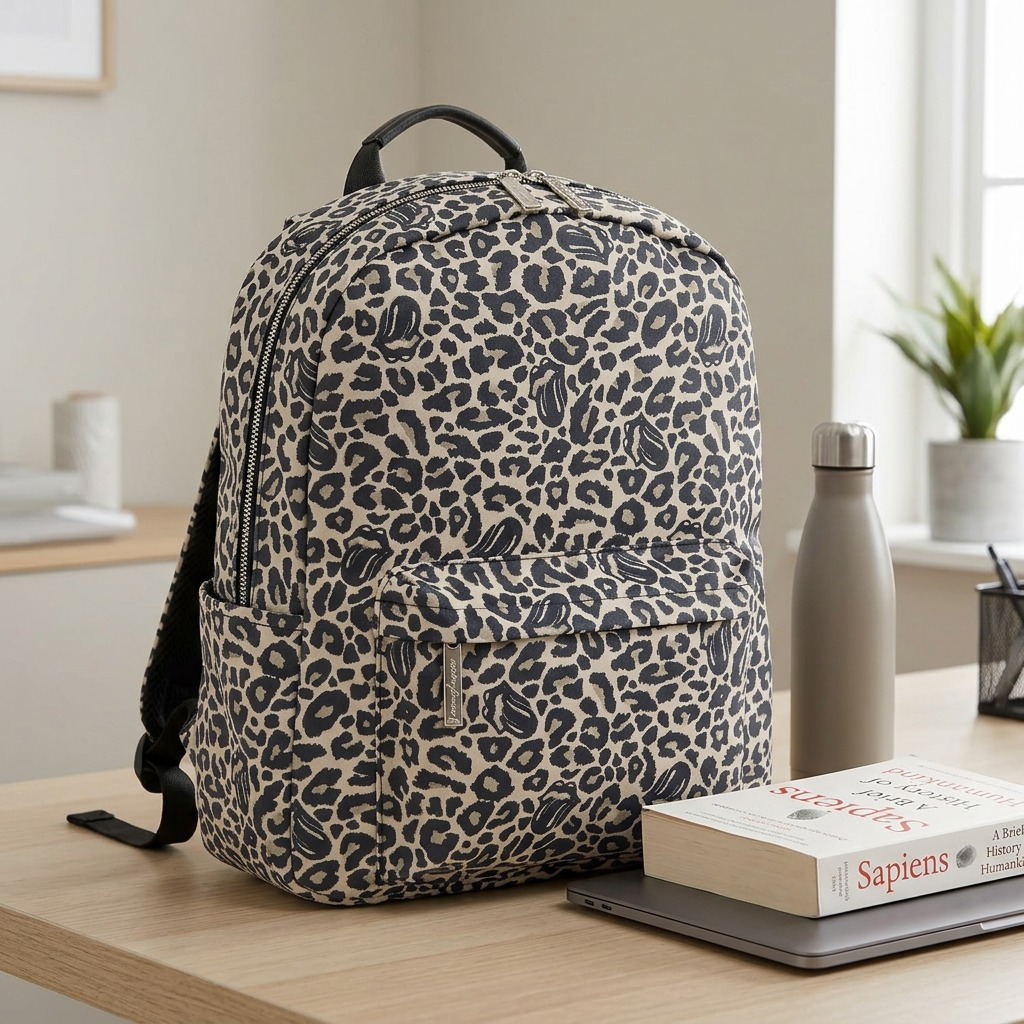A visual comparison image shows the leopard-print backpack from image_0.png standing at full scale on a wooden desk next to a physical paperback book and a small water bottle for an accurate size reference.