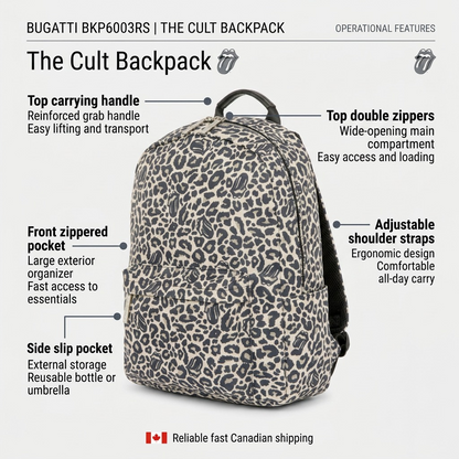 Feature graphic highlighting key design specs of the Bugatti Rolling Stones Cult Backpack.