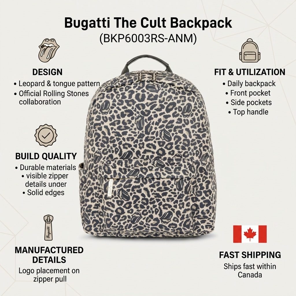 A visual infographic matrix for the Bugatti The Cult Backpack, highlighting design, build, and shipping info.