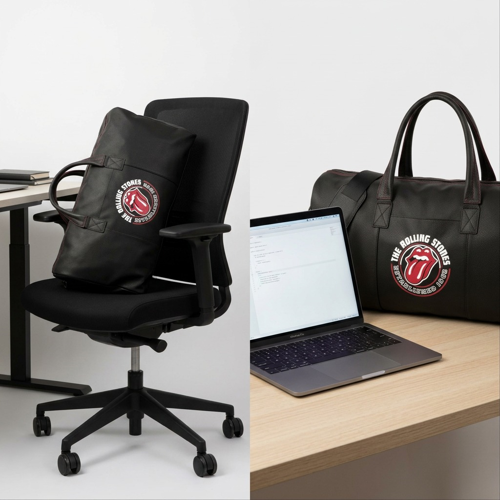 Bugatti Rolling Stones leather duffle bag next to an office chair and laptop, showing scale.