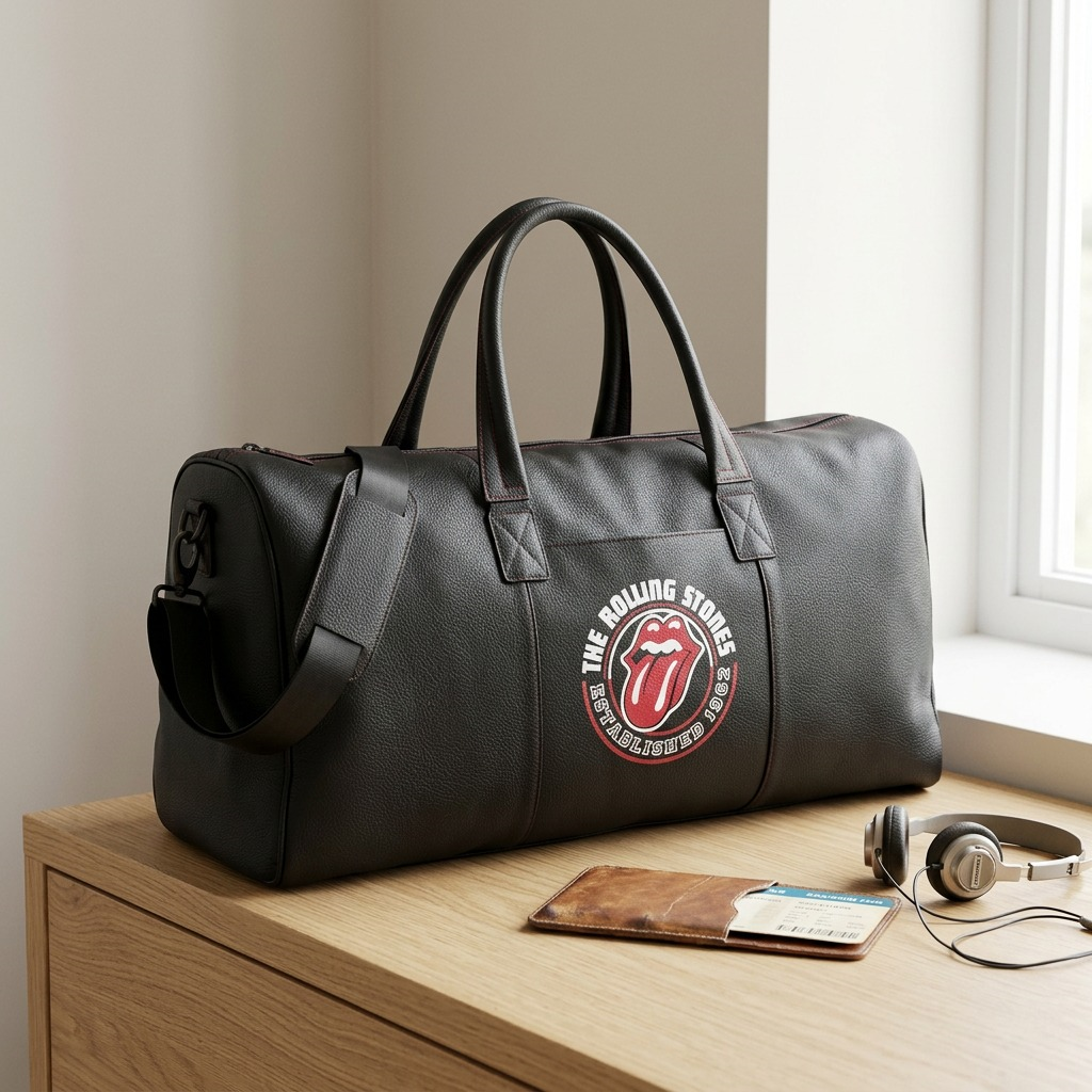 A lifestyle shot of the black Rolling Stones leather duffle bag placed on an oak dressser.