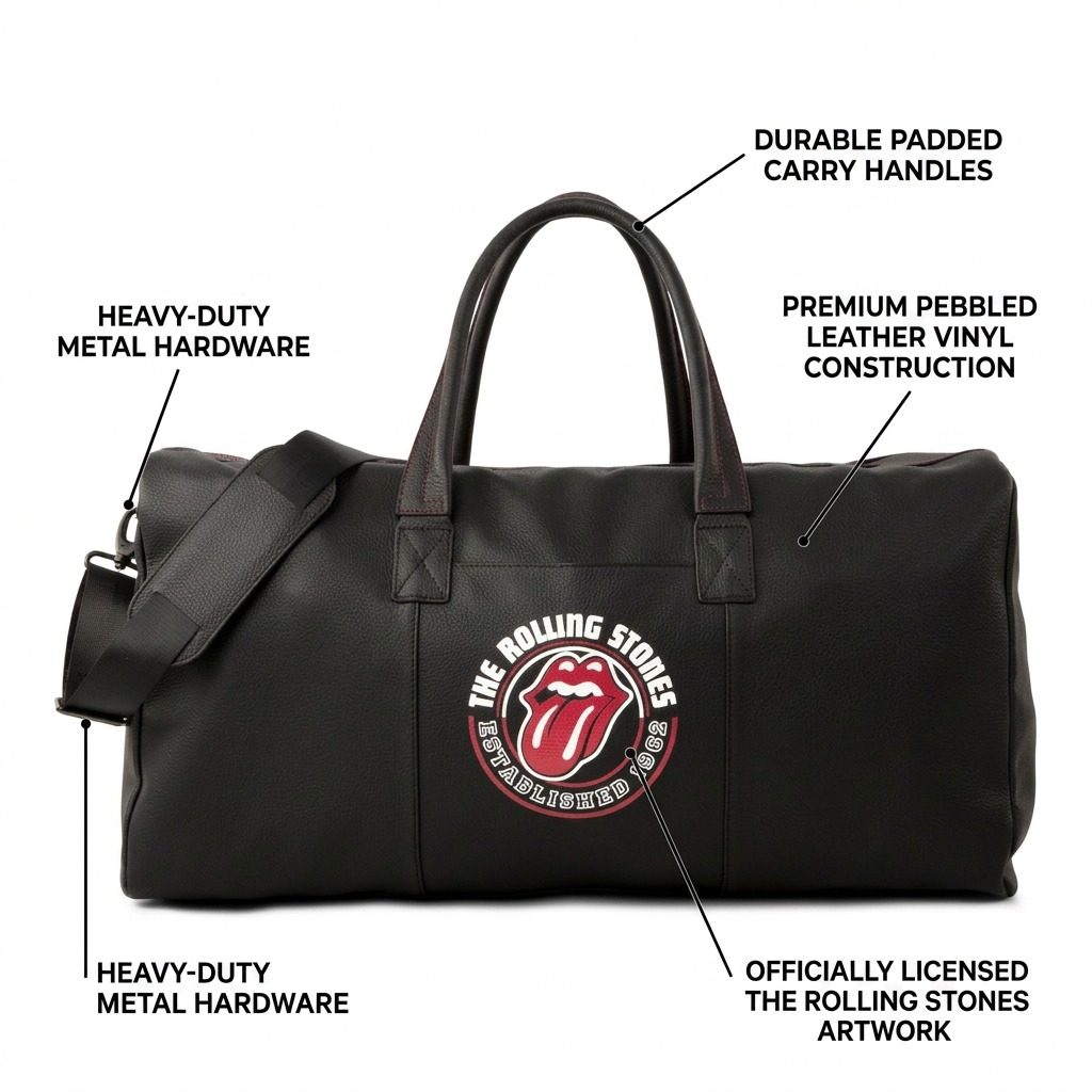 A product feature callout image for The Rolling Stones The Watts Leather Duffle Bag.